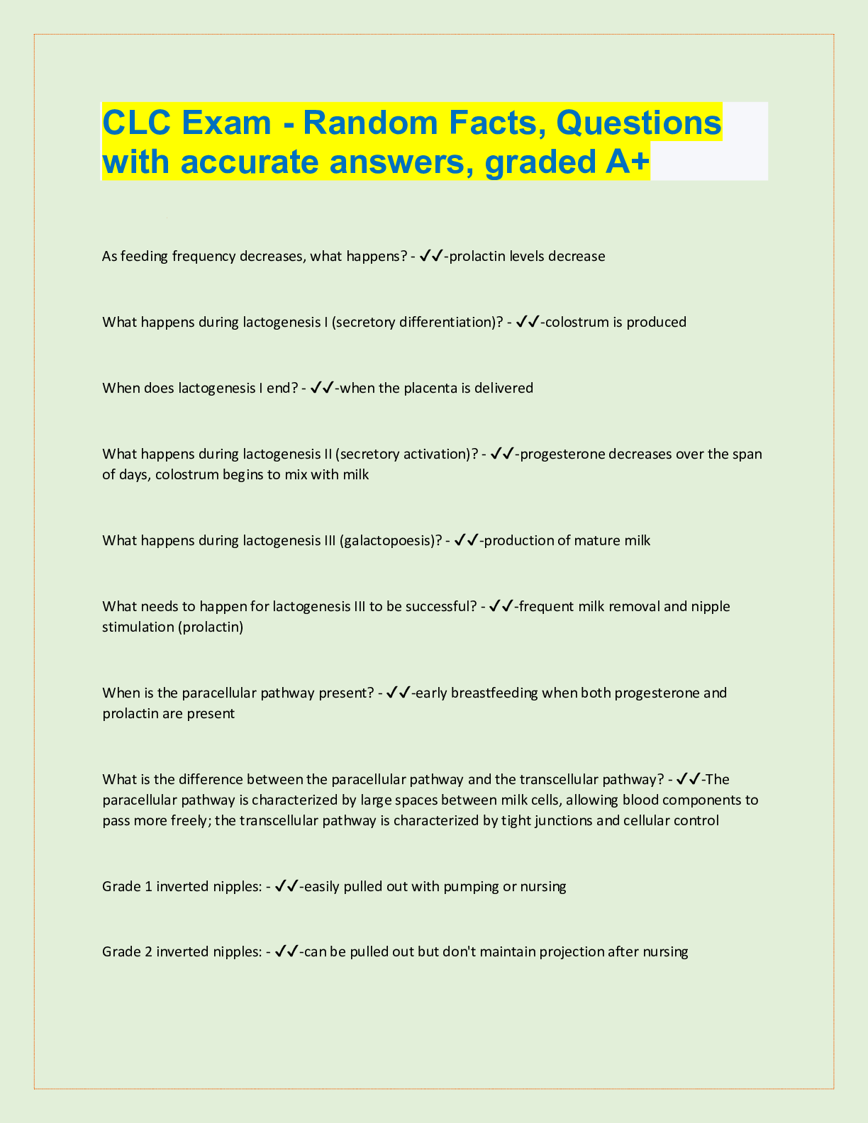 Preview image for CLC Exam - Random Facts, Questions  with accurate answers, graded A+